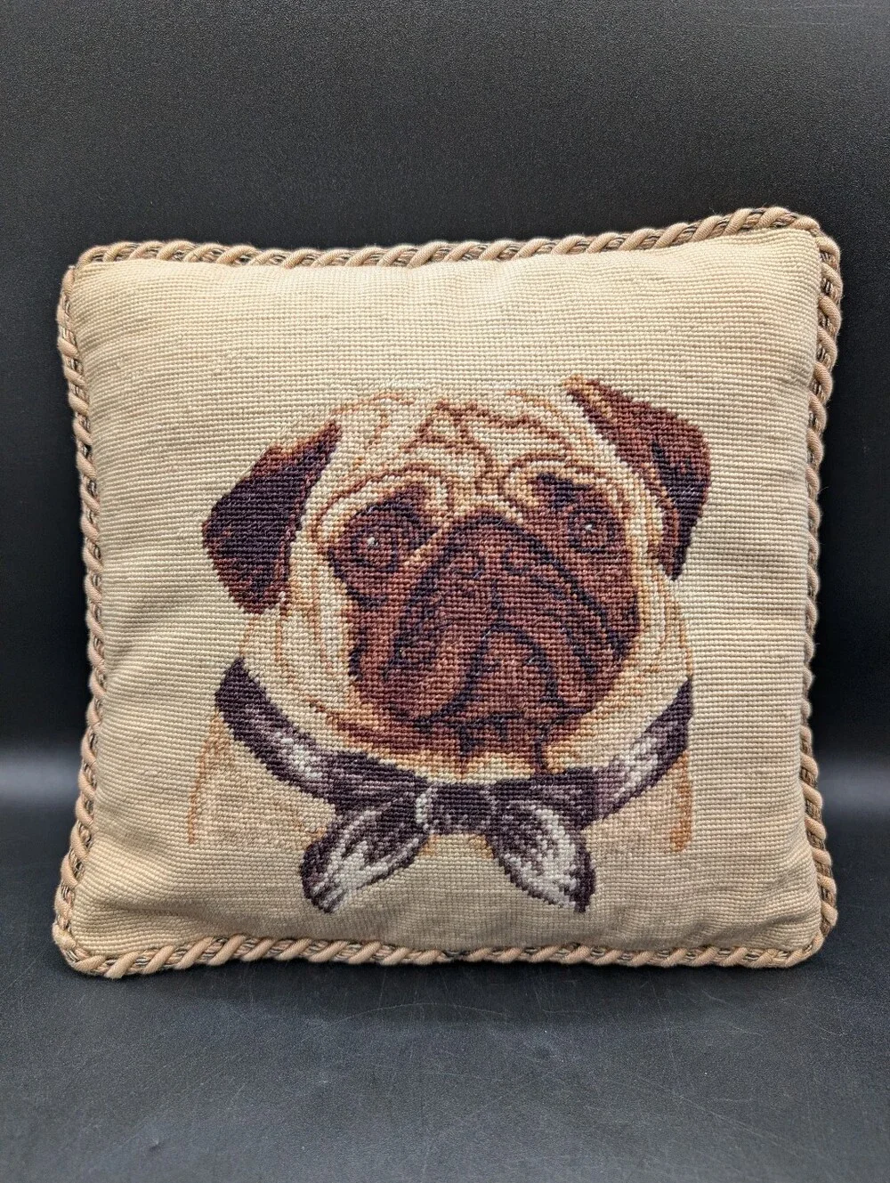 Vintage Needlepoint Pug Pillow By Loié, Velvet Back, Small 10